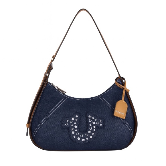 NWT TRUE RELIGION Denim Shoulder Bag Studded Horseshoe Blue Hobo Embellished - Picture 1 of 10